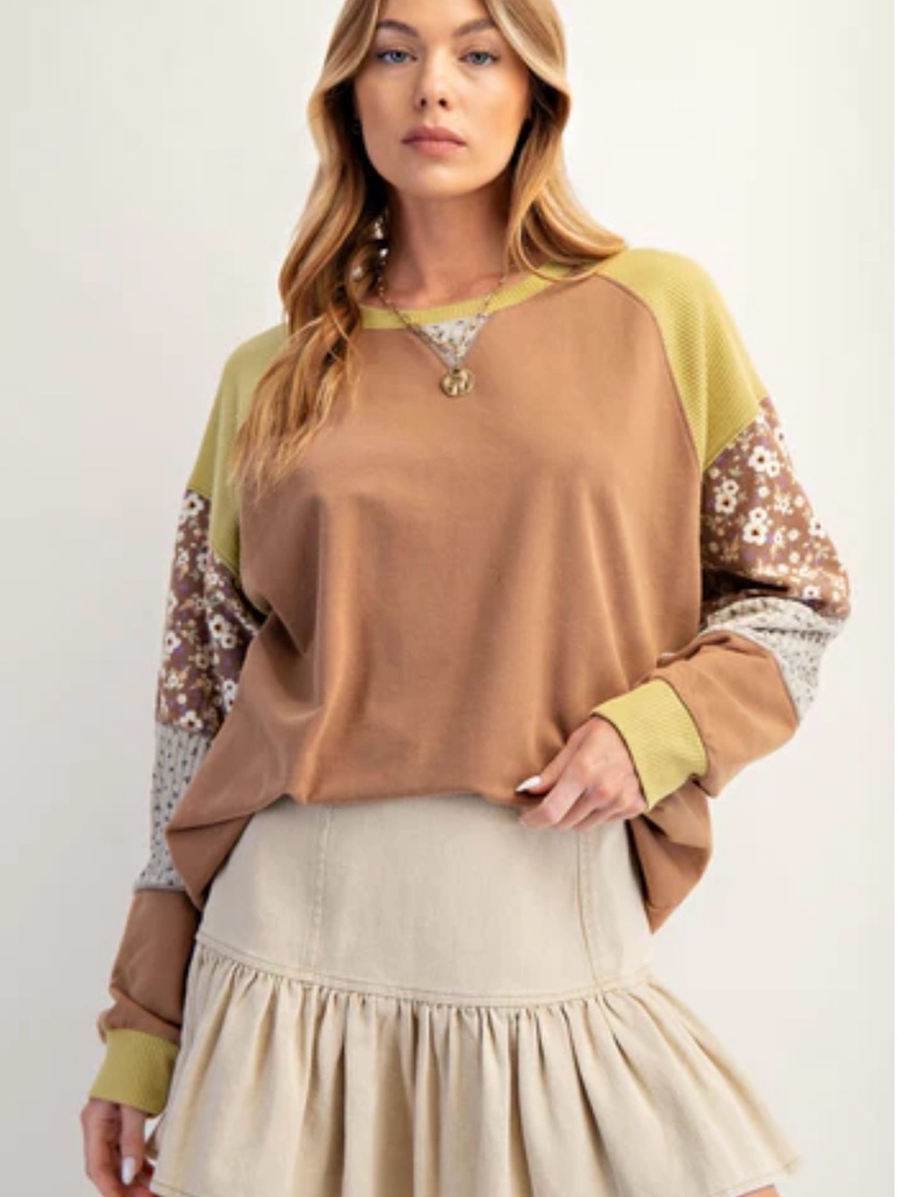 Easel Mixed Print Patchwork LongSleeve Top